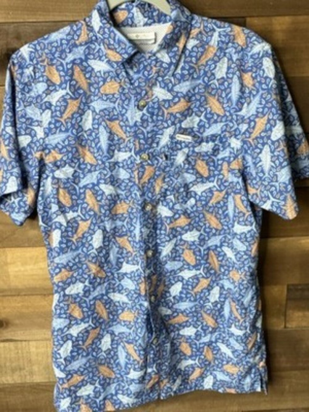 Columbia PFG Men's XS Short Sleeve Fishing Shirt Blue Orange Tribal Fish Print